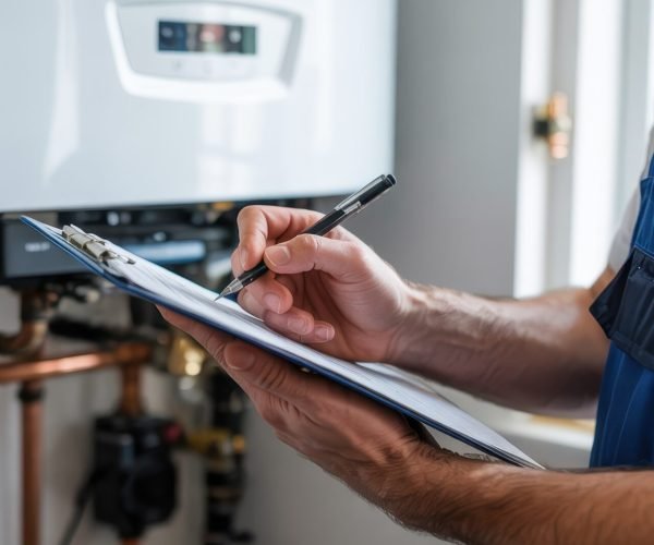 Technician inspecting a home heating system.